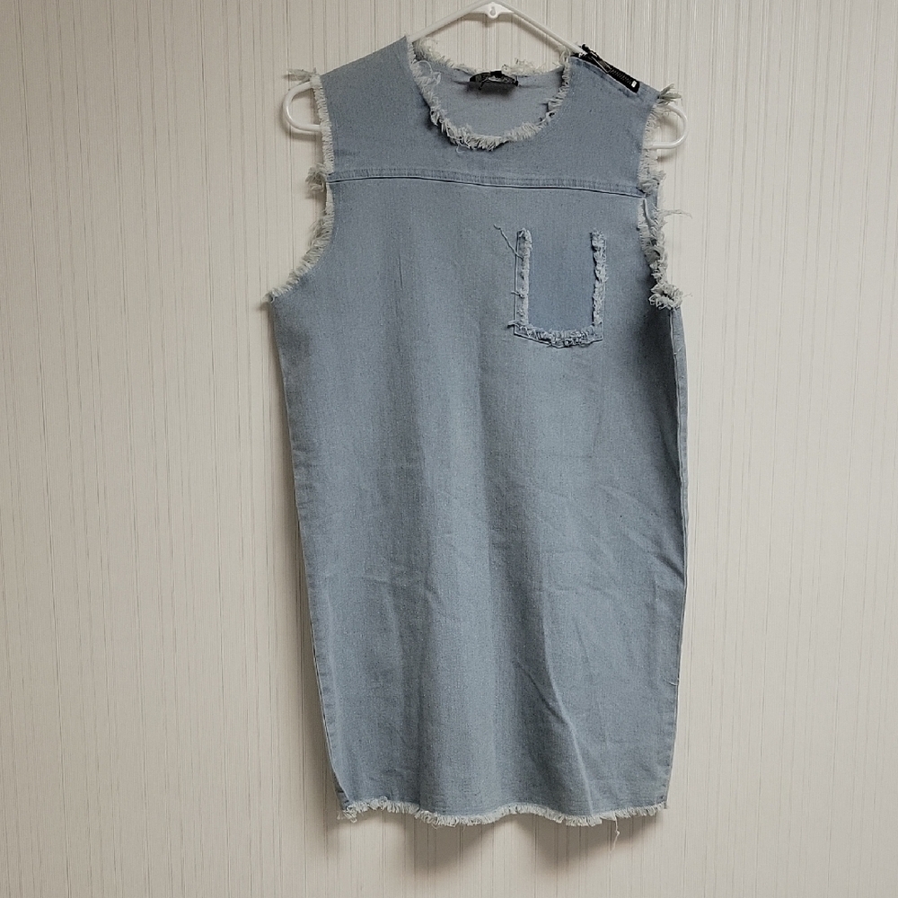 POL Sleeveless Denim Mini Dress with Frayed Edges, Women's Small